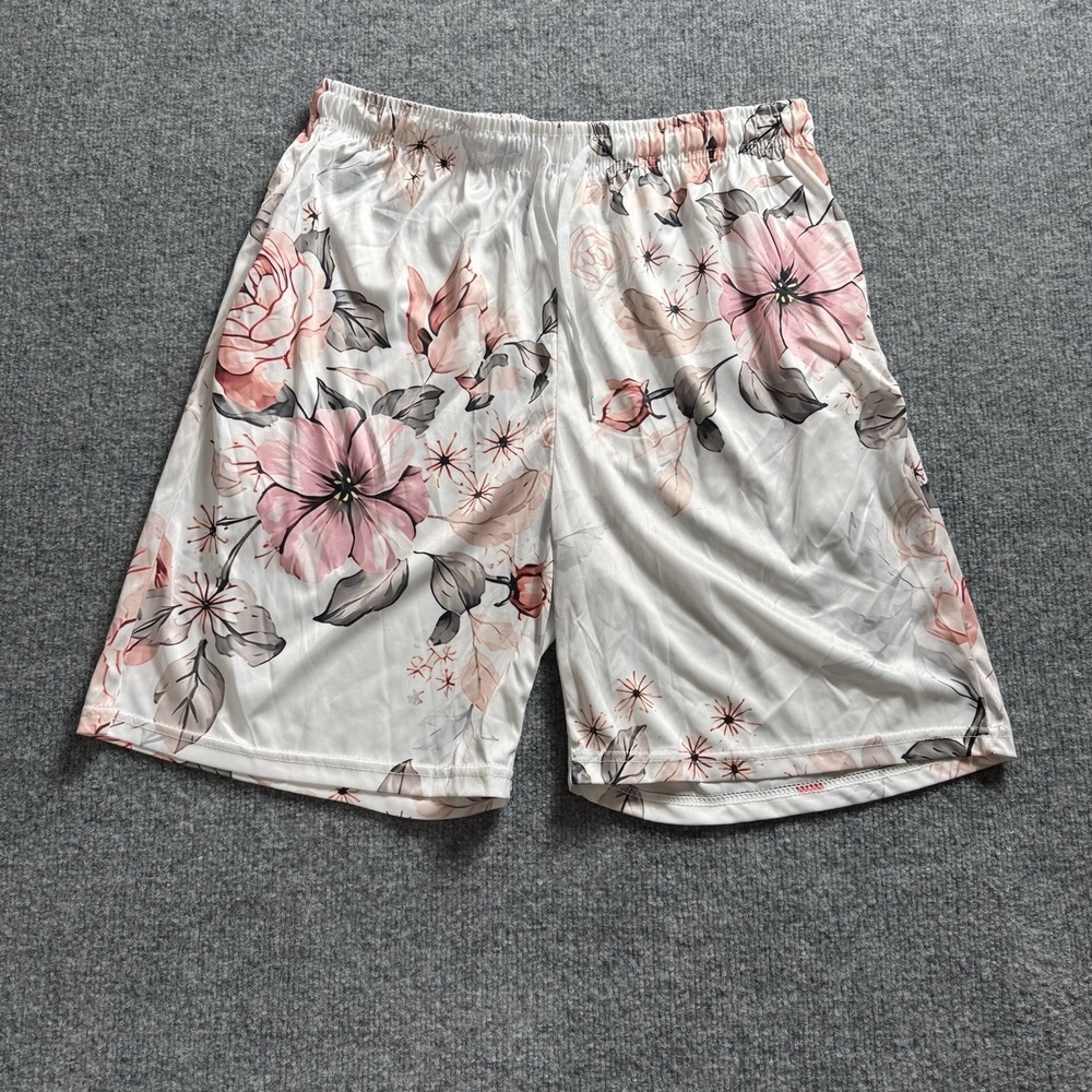 Women's Floral Satin Lounge Shorts Cream Pink Drawstring Pyjama Shorts 3X